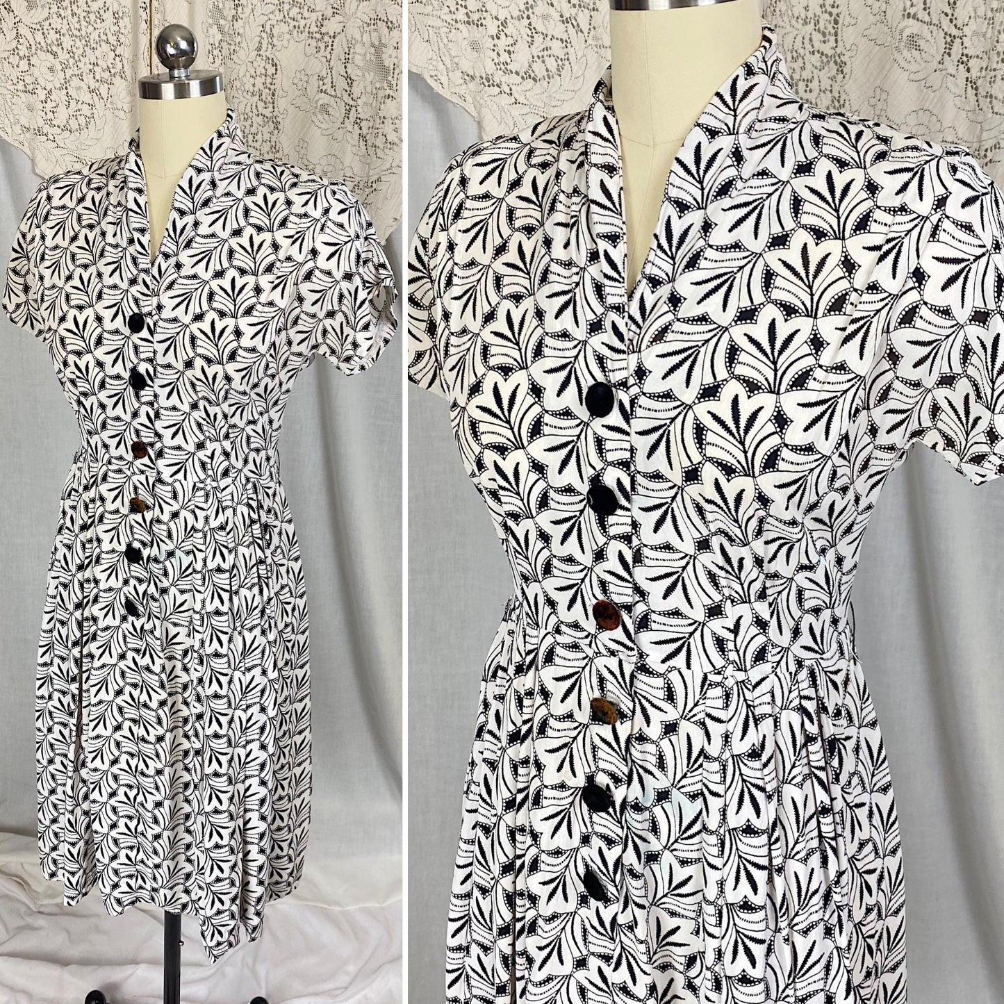 Vintage 1930's Midi Length Dress | Black & White Art Deco Print Rayon Crepe with Velvet Buttons | Size S, M