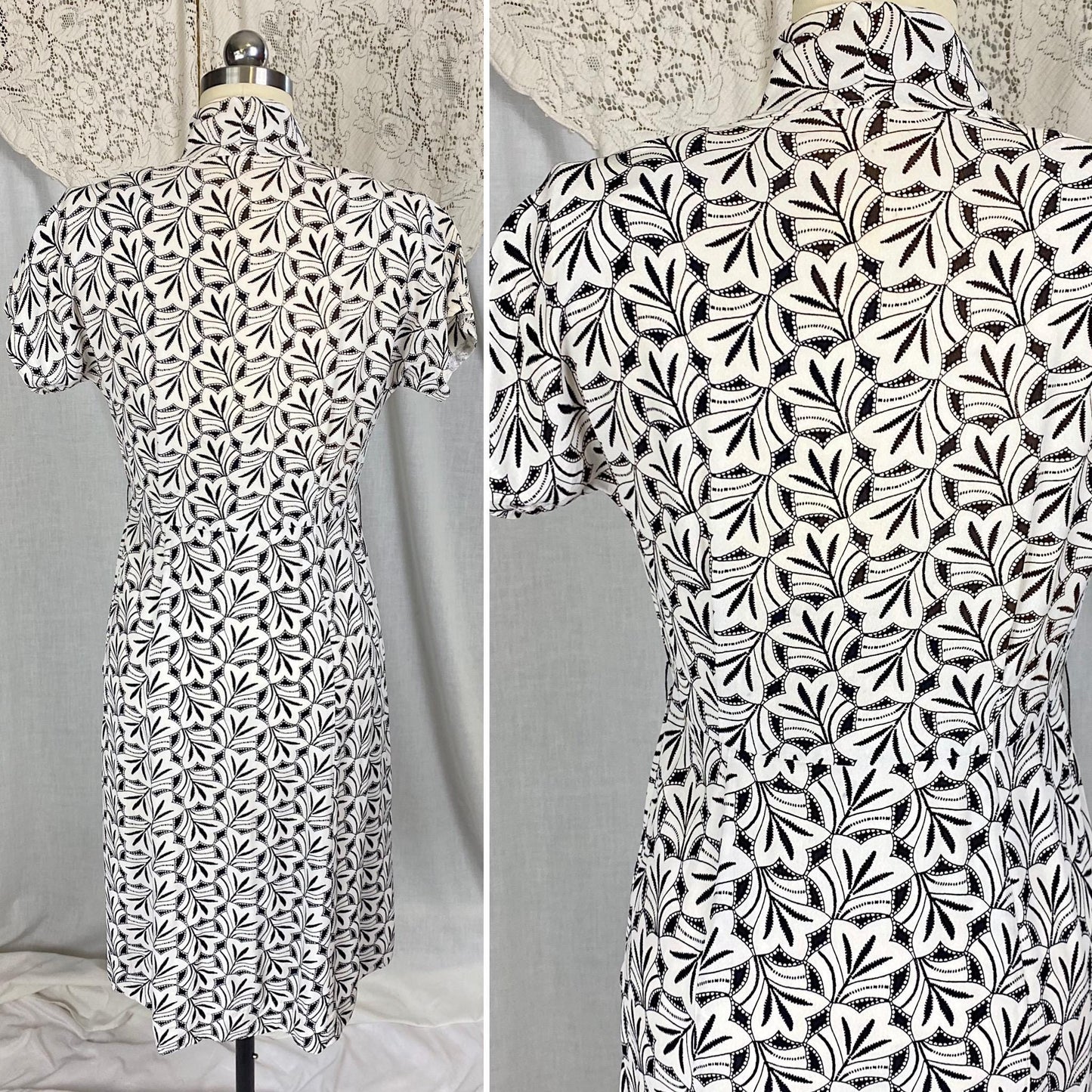 Vintage 1930's Midi Length Dress | Black & White Art Deco Print Rayon Crepe with Velvet Buttons | Size S, M
