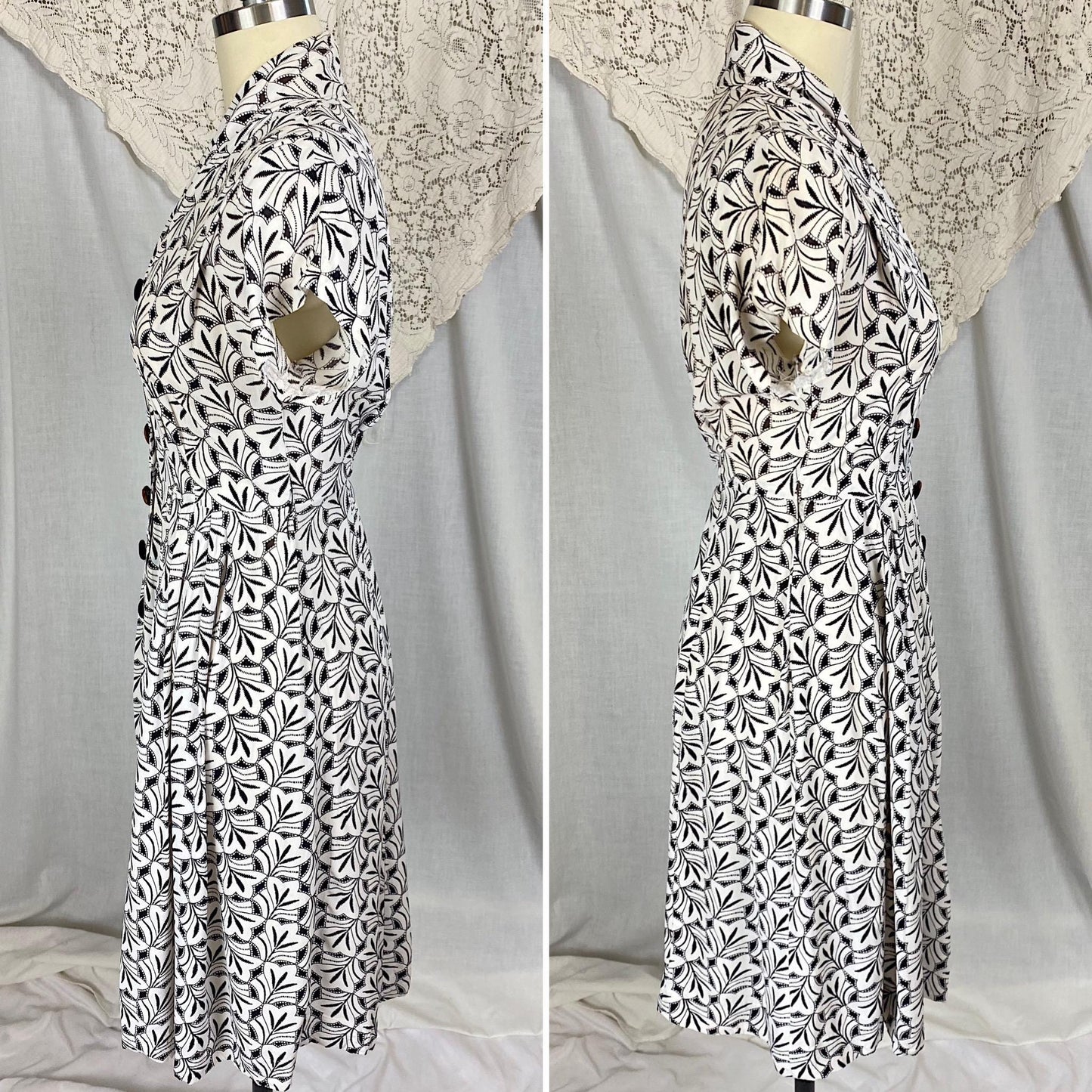 Vintage 1930's Midi Length Dress | Black & White Art Deco Print Rayon Crepe with Velvet Buttons | Size S, M
