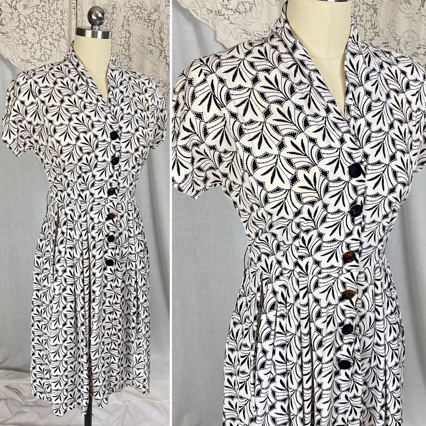 Vintage 1930's Midi Length Dress | Black & White Art Deco Print Rayon Crepe with Velvet Buttons | Size S, M