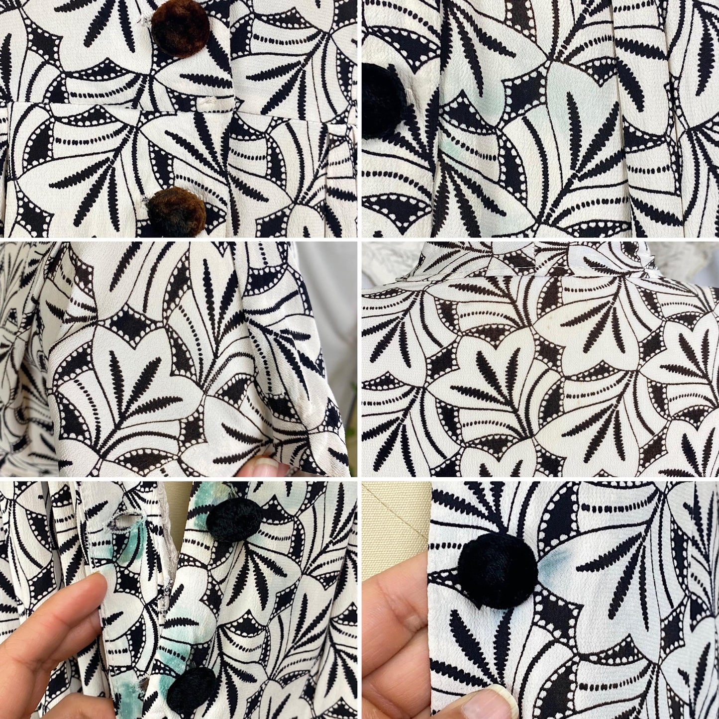 Vintage 1930's Midi Length Dress | Black & White Art Deco Print Rayon Crepe with Velvet Buttons | Size S, M