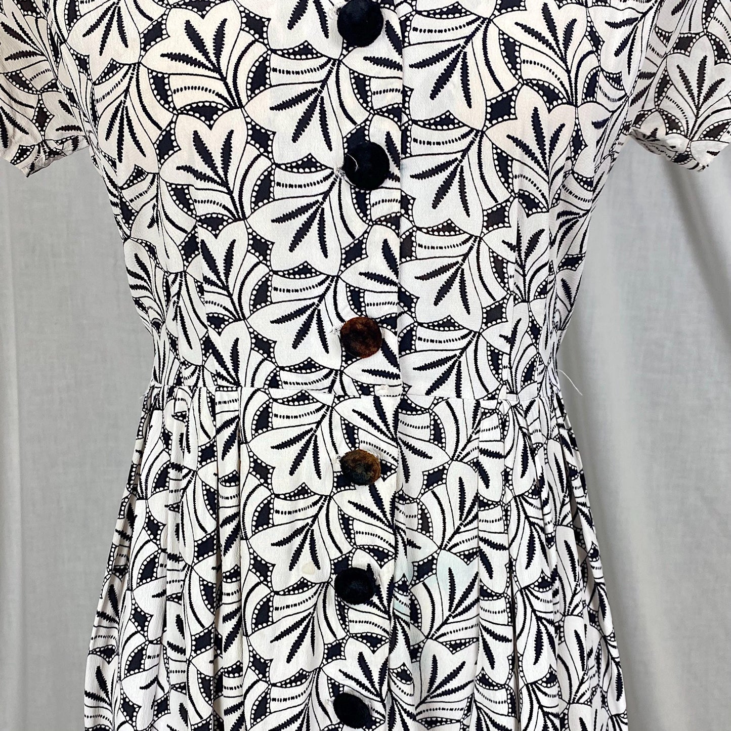 Vintage 1930's Midi Length Dress | Black & White Art Deco Print Rayon Crepe with Velvet Buttons | Size S, M