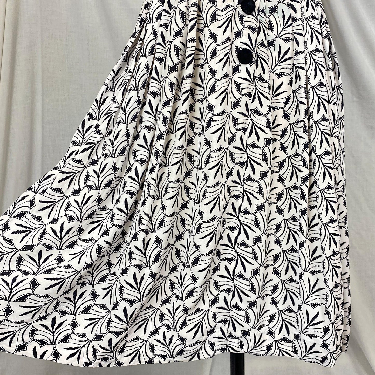 Vintage 1930's Midi Length Dress | Black & White Art Deco Print Rayon Crepe with Velvet Buttons | Size S, M