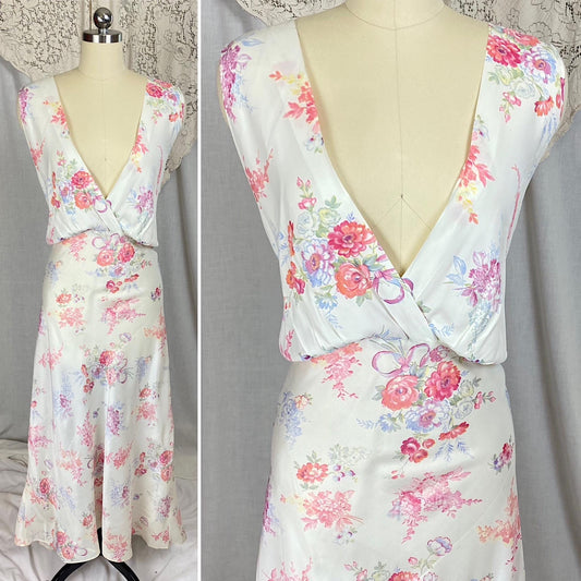 Vintage 1940's Nightgown | Semi Sheer White Rayon with Bold Floral Print | Size 2XL