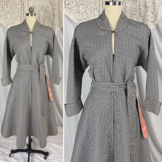 Vintage 1950's Hostess Dress | Quilted Black & White Houndstooth Rayon Taffeta with Pink Lining | Size M, LG | Betty Louise Creations