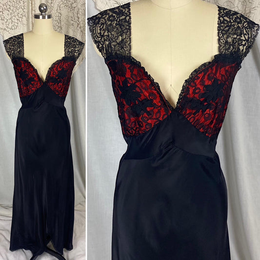 Vintage 1940's - 1950's Nightgown | Silky Black Rayon with Contrasting Red Taffeta Bust | Size LG, XLG