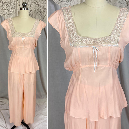 Vintage 1940's Pajama Set | Creamy Rose Pink Rayon with Nude Lace & Blue Silk Ribbon Detail | Size S, M