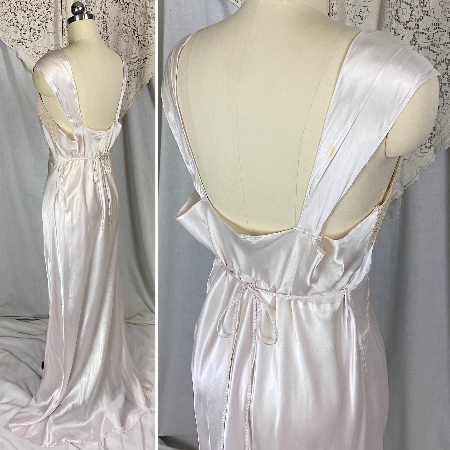Vintage 1940's Nightgown | Semi-Sheer Palest Pink Rayon Satin with Nude Lace & Heart Appliques | Size M, LG - Never Worn