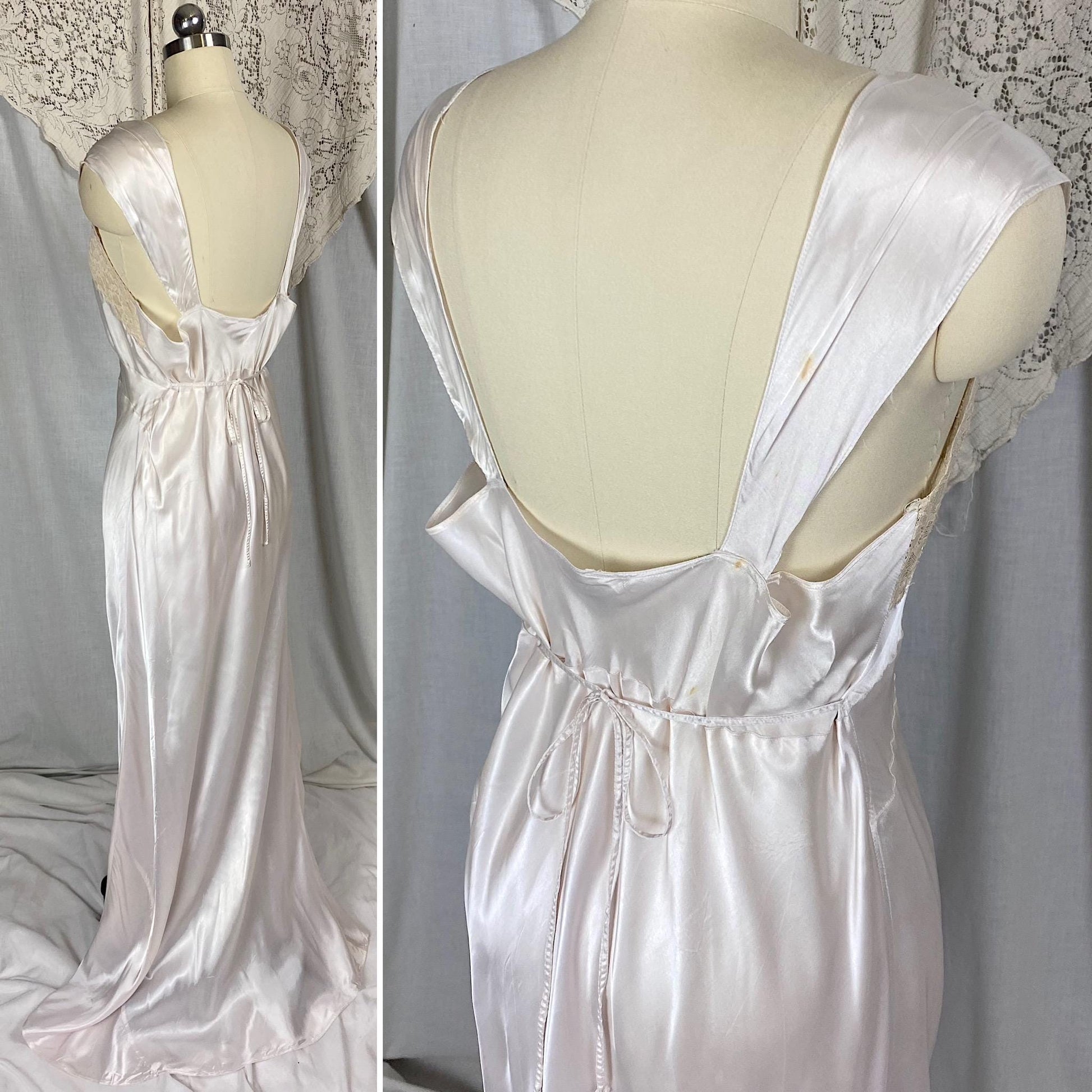 Vintage 1940's Nightgown | Semi-Sheer Palest Pink Rayon Satin with Nude Lace & Heart Appliques | Size M, LG - Never Worn