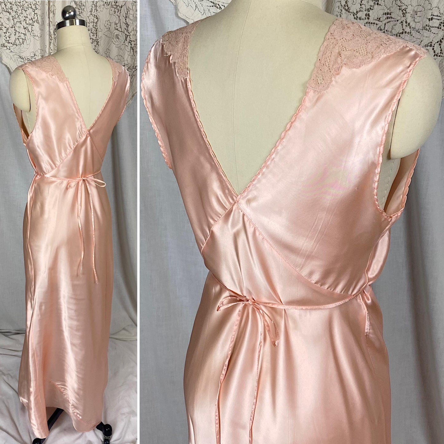 Vintage 1940's Nightgown | Light Blush Pink Rayon Satin with Floral Cotton Lace & Keyhole Neckline | Size S, M | Never Worn