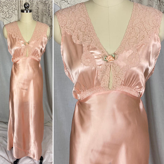 Vintage 1940's Nightgown | Light Blush Pink Rayon Satin with Floral Cotton Lace & Keyhole Neckline | Size S, M | Never Worn