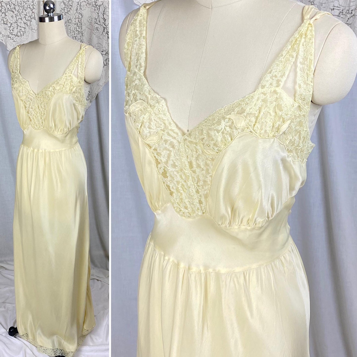 Vintage 1940's - 1950's Nightgown | Pale Yellow Rayon Satin with Acetate Lace | Size S, M | Barbizon Capricious