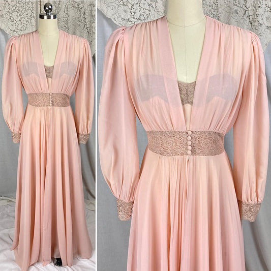 Vintage 1940's Nightgown & Peignoir Set | Sheer Rosy Pink Rayon Chiffon with Mocha Floral Lace | Size S