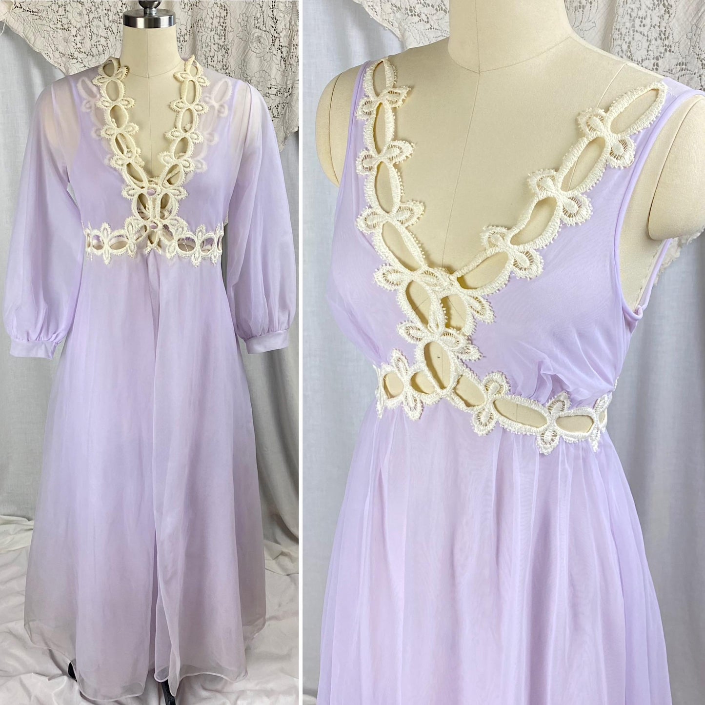 Vintage 1960's Nightgown & Peignoir Set | Sheer Lilac Purple Nylon Chiffon with Cream Crochet Lace Inserts | Size M | By Molyclair