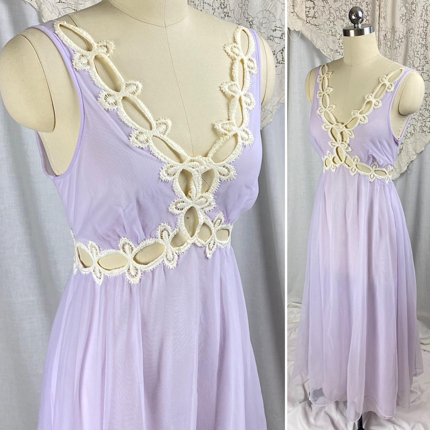 Vintage 1960's Nightgown & Peignoir Set | Sheer Lilac Purple Nylon Chiffon with Cream Crochet Lace Inserts | Size M | By Molyclair