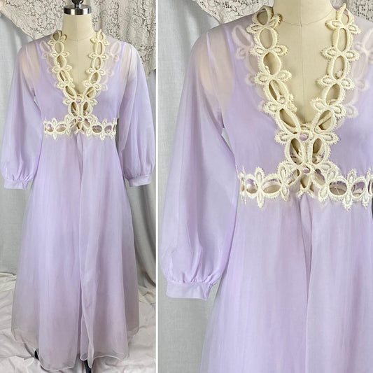Vintage 1960's Nightgown & Peignoir Set | Sheer Lilac Purple Nylon Chiffon with Cream Crochet Lace Inserts | Size M | By Molyclair