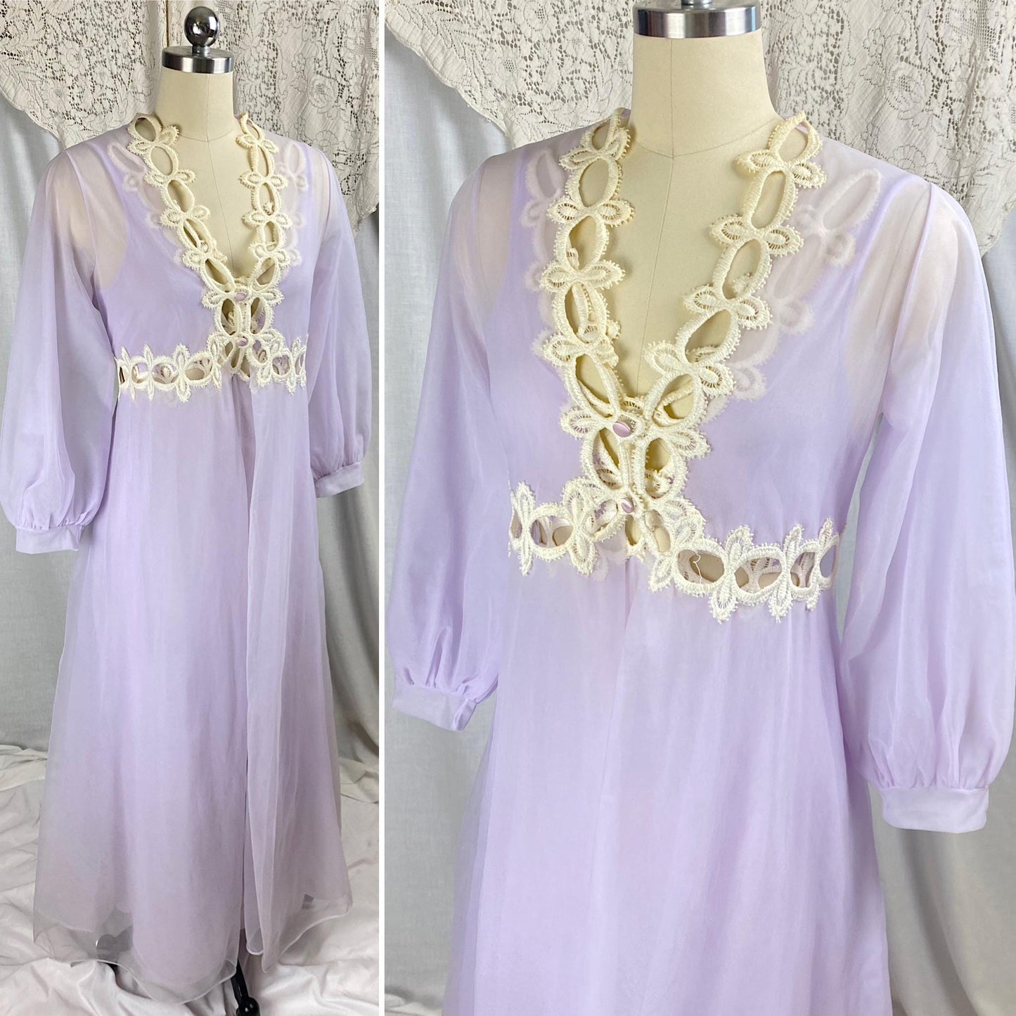Vintage 1960's Nightgown & Peignoir Set | Sheer Lilac Purple Nylon Chiffon with Cream Crochet Lace Inserts | Size M | By Molyclair