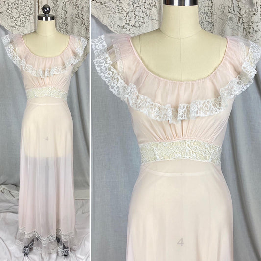 Vintage 1950's Nightgown | Semi-Sheer Powder Pink Nylon with White Ruffled Tulle | Size XS, S | Lady Duff