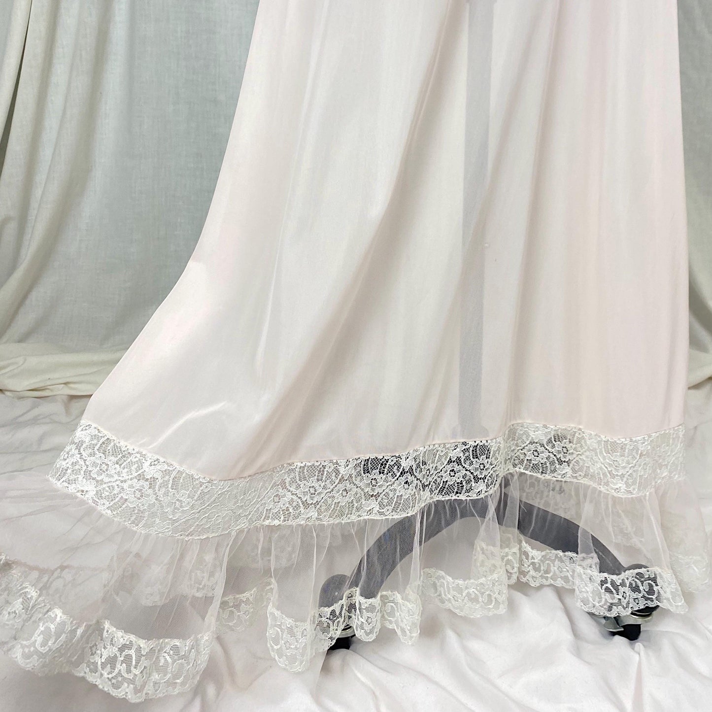 Vintage 1950's Nightgown | Semi-Sheer Powder Pink Nylon with White Ruffled Tulle | Size XS, S | Lady Duff