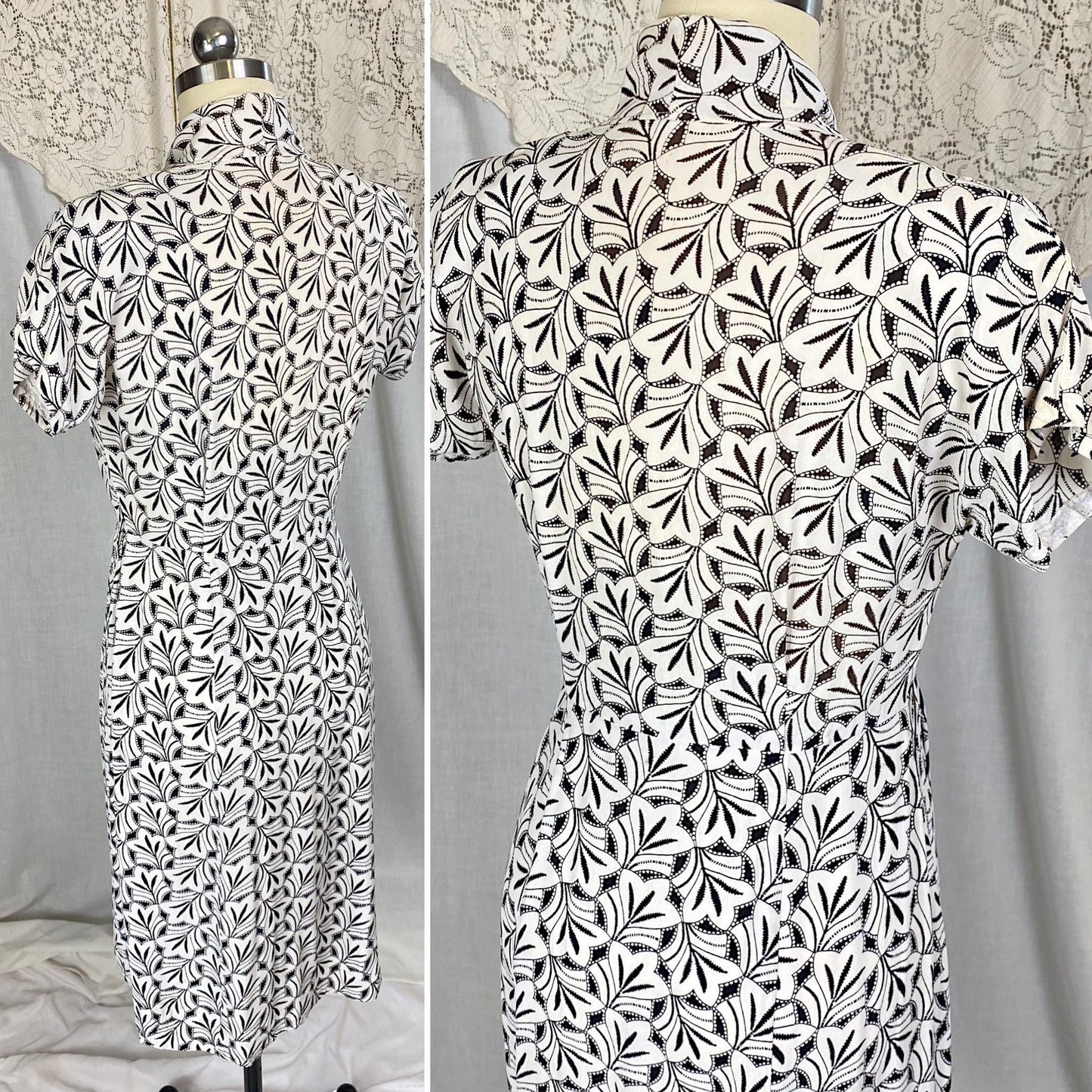 Vintage 1930's Midi Length Dress | Black & White Art Deco Print Rayon Crepe with Velvet Buttons | Size S, M