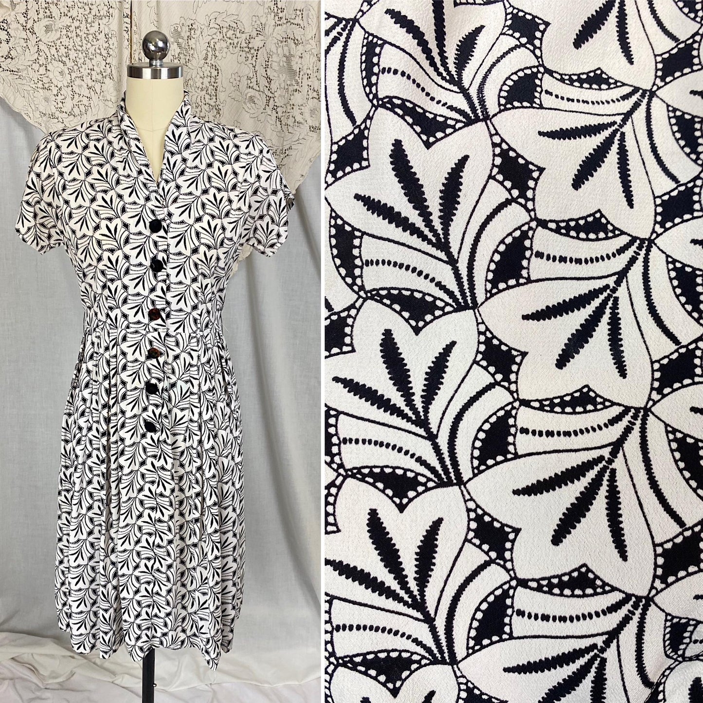 Vintage 1930's Midi Length Dress | Black & White Art Deco Print Rayon Crepe with Velvet Buttons | Size S, M