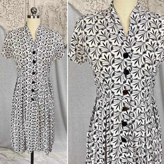 Vintage 1930's Midi Length Dress | Black & White Art Deco Print Rayon Crepe with Velvet Buttons | Size S, M