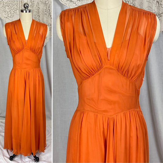 Vintage 1930's - 1940's Maxi Dress | Sheer Burnt Orange Rayon Chiffon with Gathered Bust & Matching Rayon Taffeta Slip | Size S
