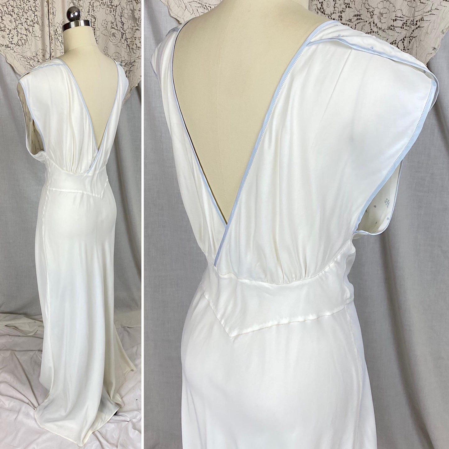 Vintage 1940's Nightgown | White Rayon Crepe with Baby Blue Embroidery | Size M, LG | Barbizon -New with Tags