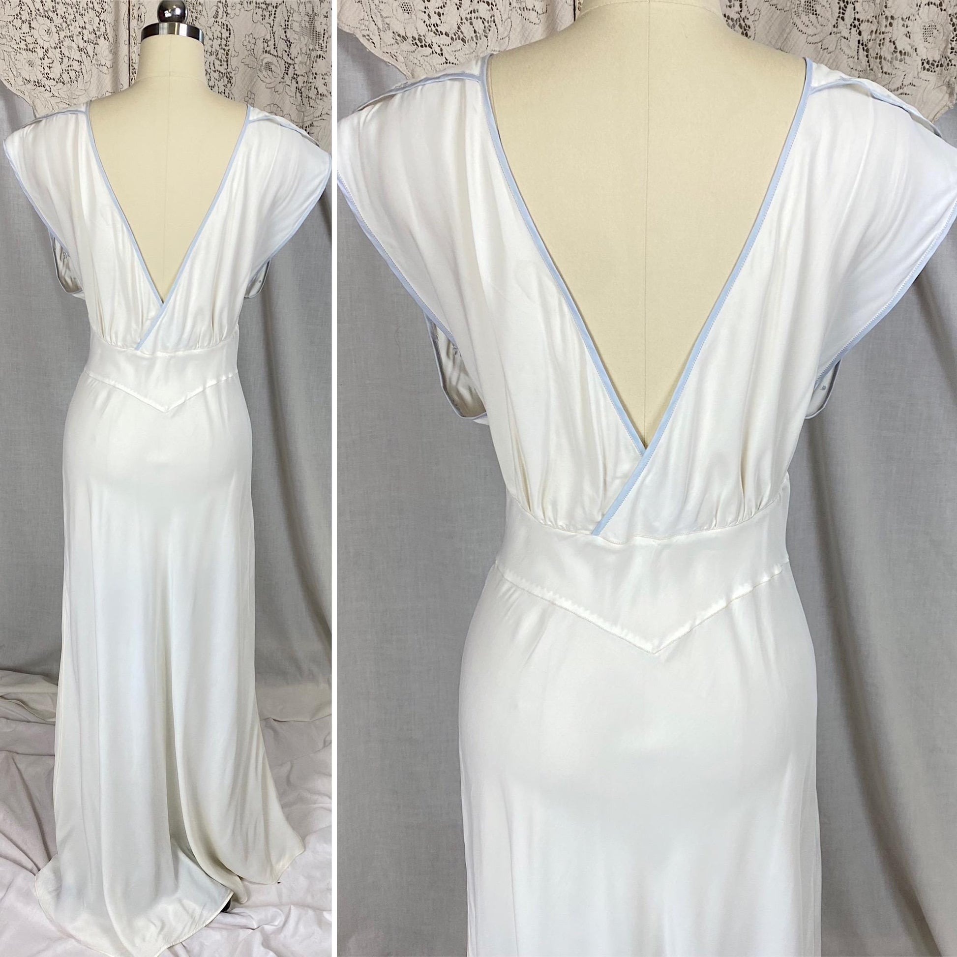 Vintage 1940's Nightgown | White Rayon Crepe with Baby Blue Embroidery | Size M, LG | Barbizon -New with Tags