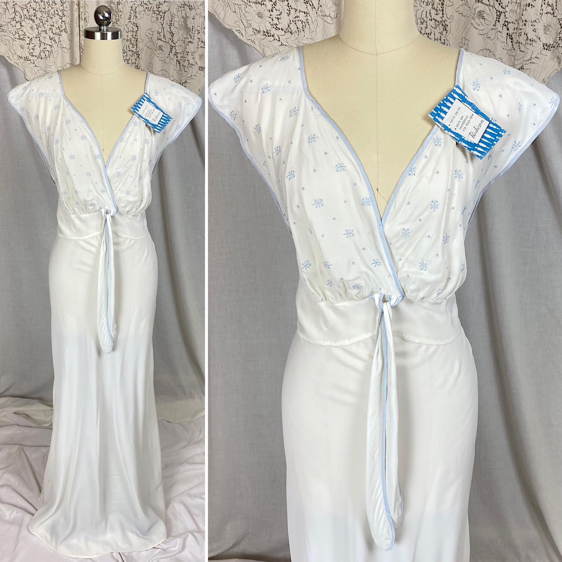 Vintage 1940's Nightgown | White Rayon Crepe with Baby Blue Embroidery | Size M, LG | Barbizon -New with Tags