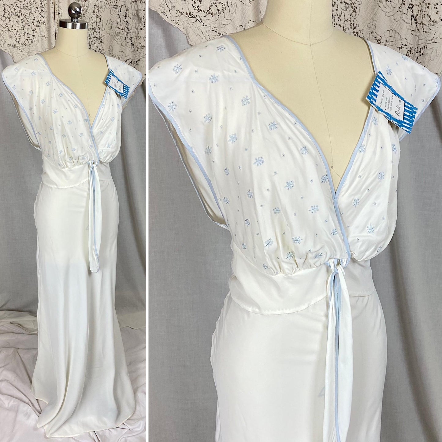 Vintage 1940's Nightgown | White Rayon Crepe with Baby Blue Embroidery | Size M, LG | Barbizon -New with Tags