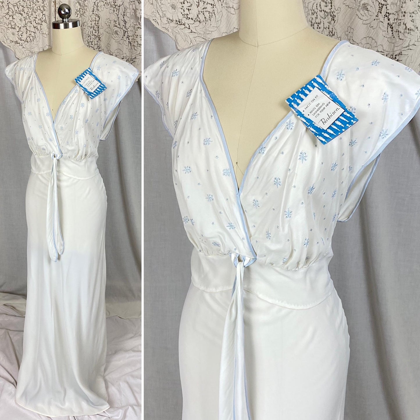 Vintage 1940's Nightgown | White Rayon Crepe with Baby Blue Embroidery | Size M, LG | Barbizon -New with Tags