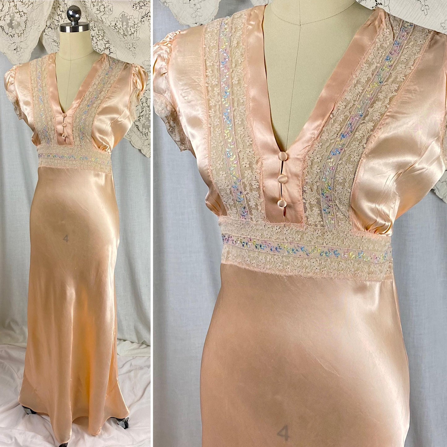 Vintage 1940's Nightgown | Rich Peach Rayon Satin with Embroidered Sheer Chiffon Inserts | Size S, M