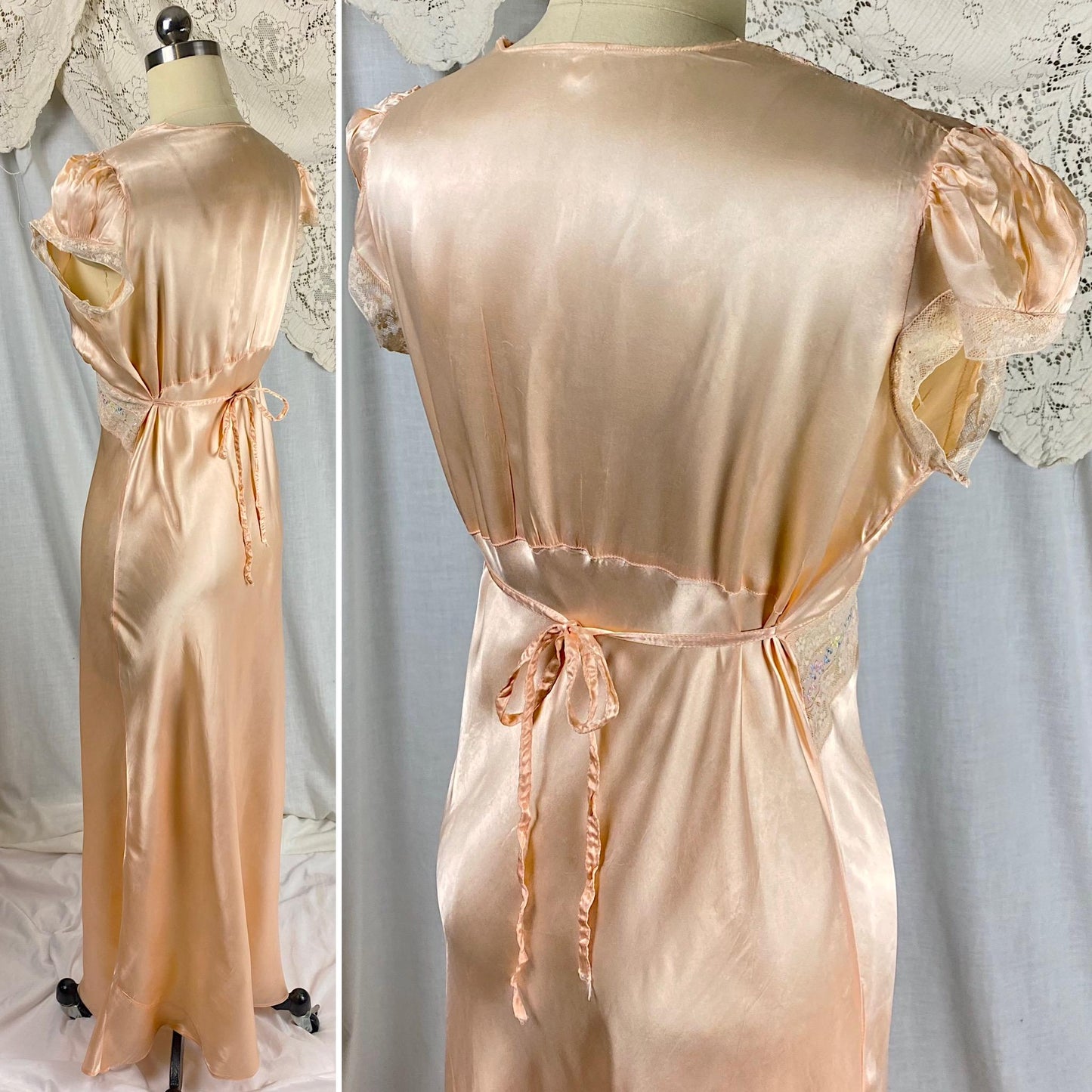 Vintage 1940's Nightgown | Rich Peach Rayon Satin with Embroidered Sheer Chiffon Inserts | Size S, M