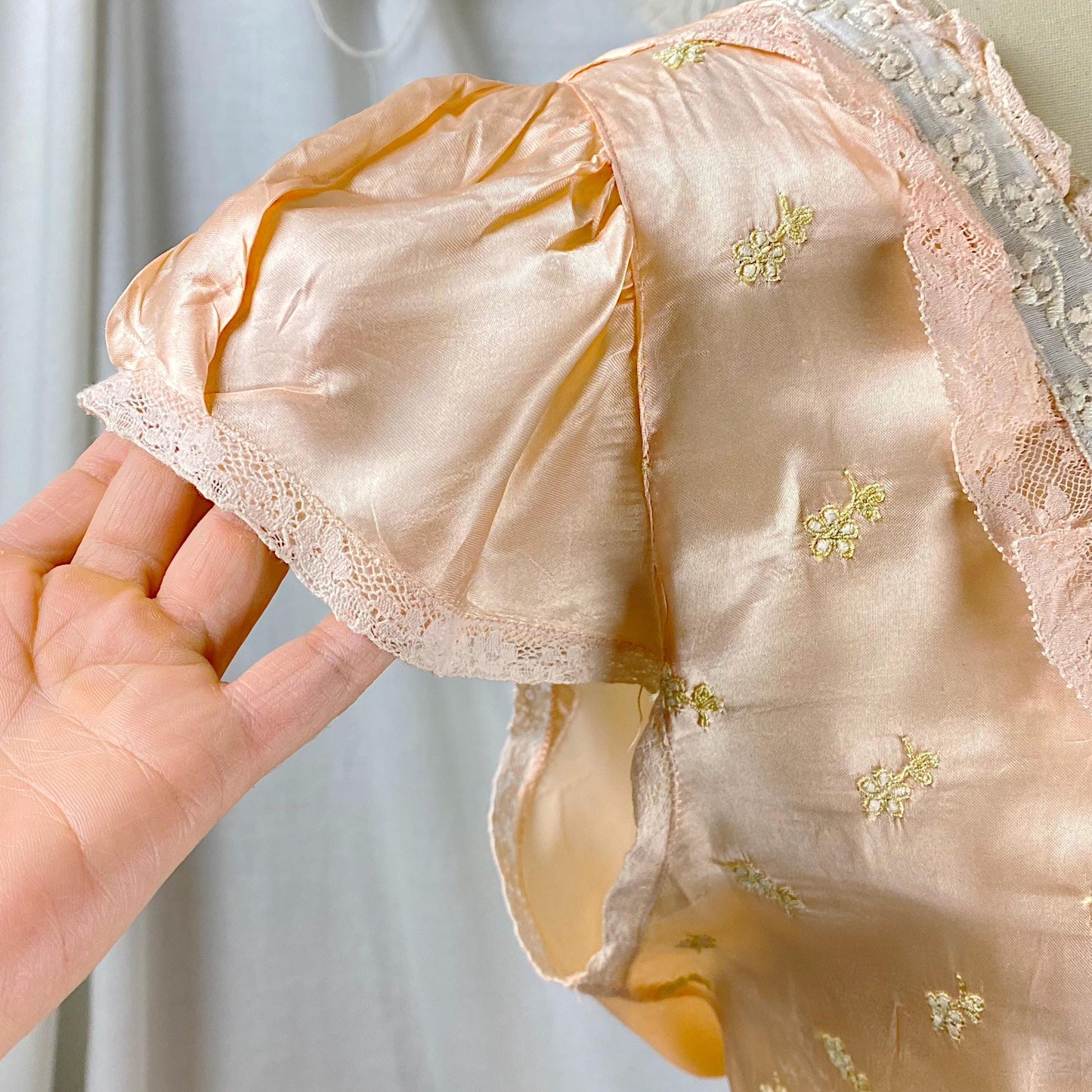 Vintage 1940's Nightgown | Rich Peach Rayon Satin with Embroidered Sheer Chiffon Inserts | Size S, M