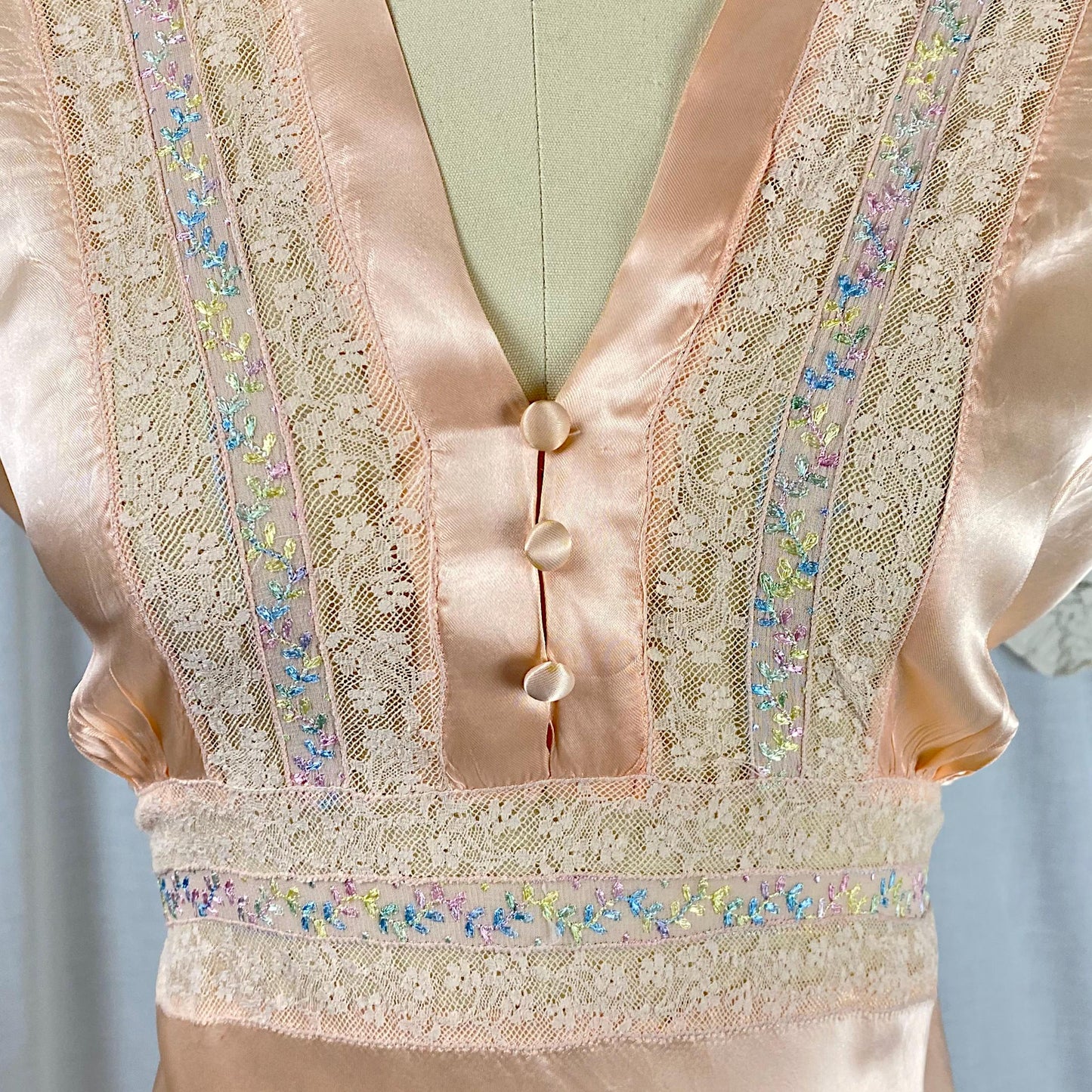 Vintage 1940's Nightgown | Rich Peach Rayon Satin with Embroidered Sheer Chiffon Inserts | Size S, M