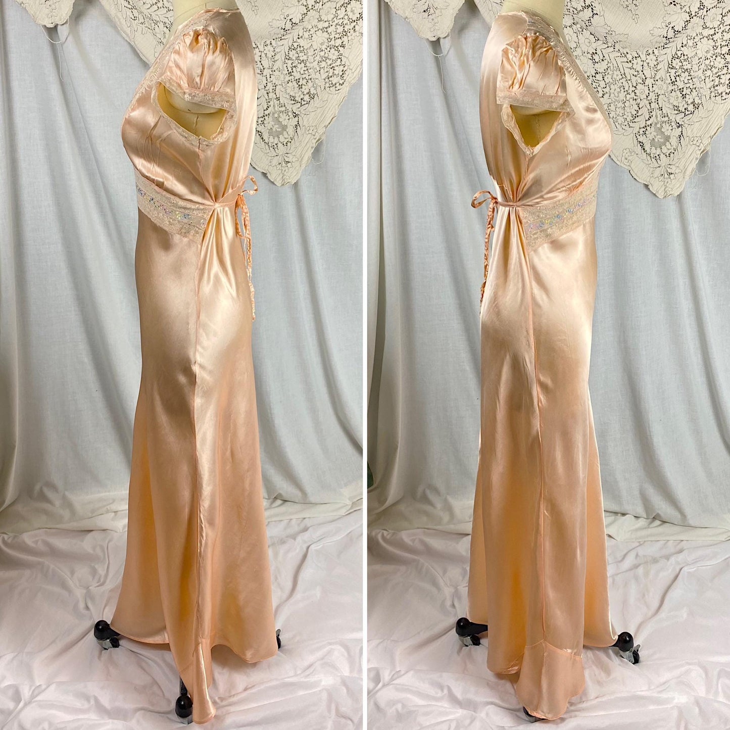 Vintage 1940's Nightgown | Rich Peach Rayon Satin with Embroidered Sheer Chiffon Inserts | Size S, M