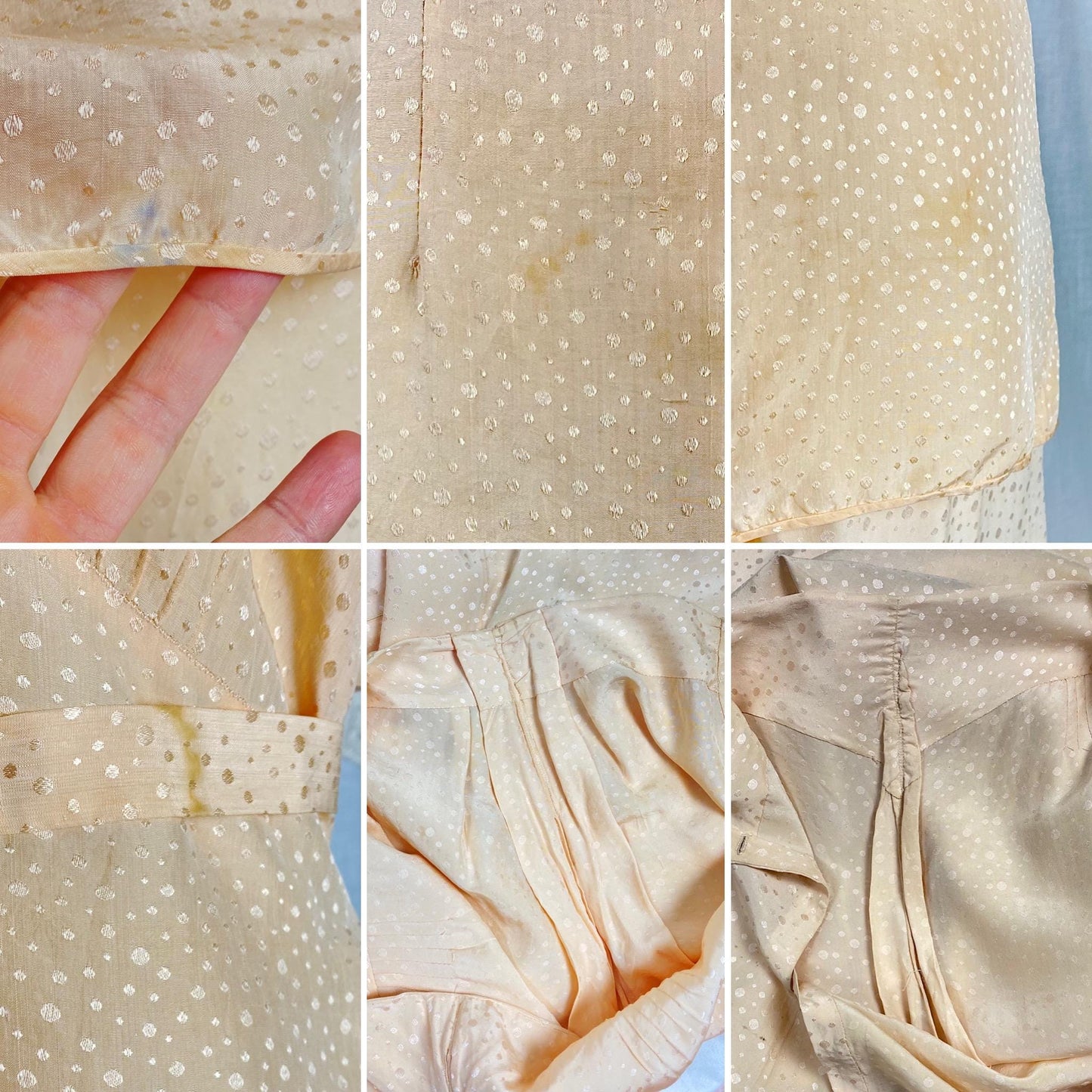 Vintage 1930's Beach Pajama Set | Hand Stitched Apricot Silk with Polka Dot Satin Damask & Embossed Art Deco Stitching | Size M