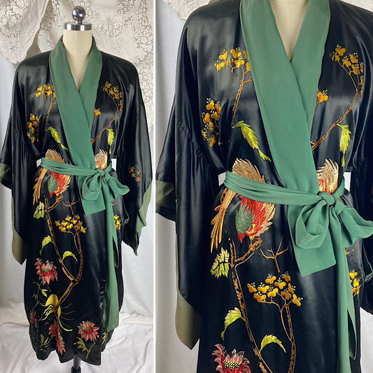 Vintage 1920's - 1930's Japanese Kimono Robe | Black Silk with Deep Green Silk Crepe Lining & Intricate Hand Embroidery | Size Free