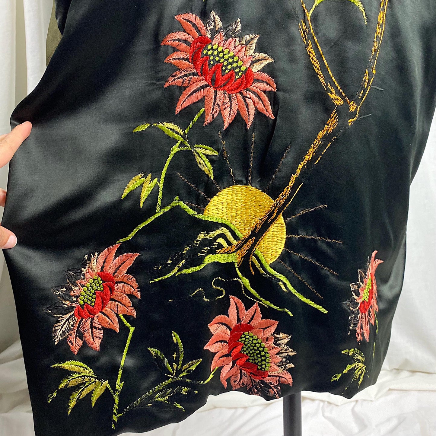 Vintage 1920's - 1930's Japanese Kimono Robe | Black Silk with Deep Green Silk Crepe Lining & Intricate Hand Embroidery | Size Free