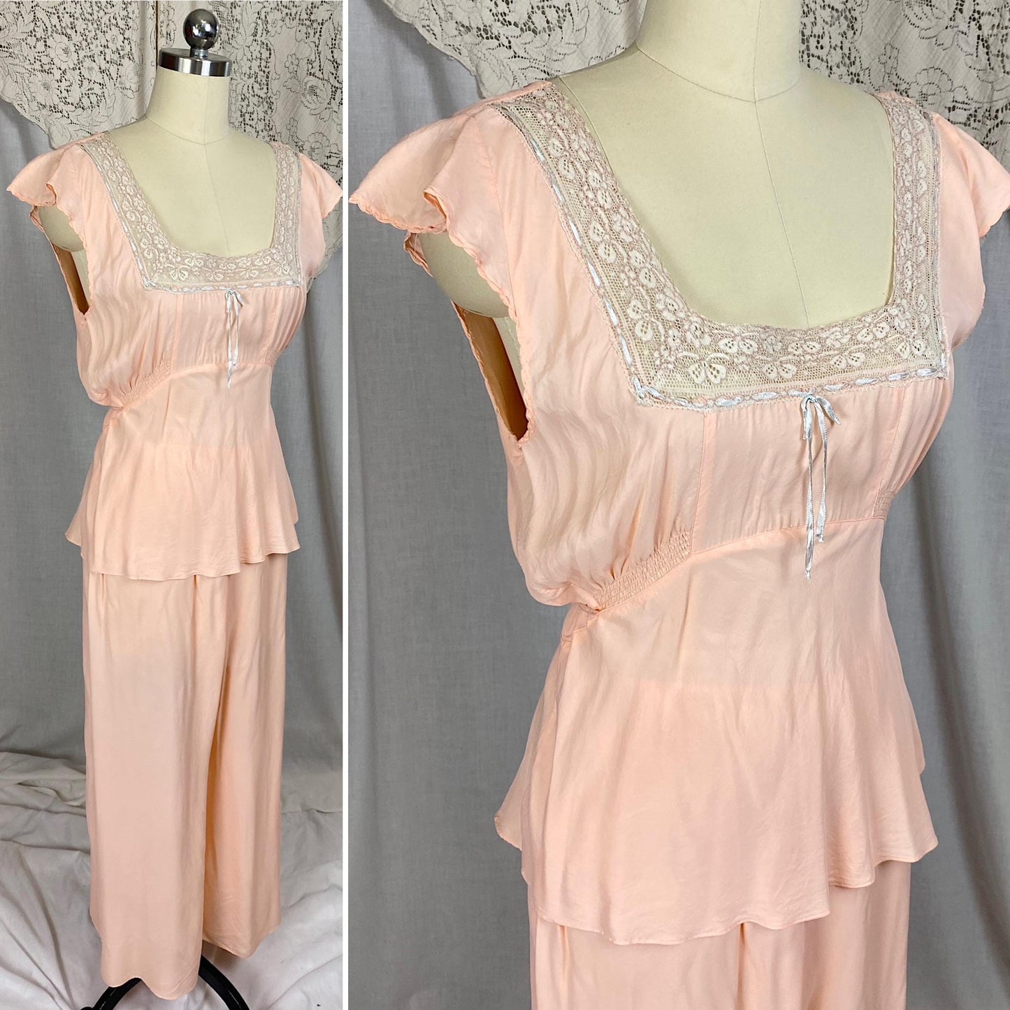 Vintage 1940's Pajama Set | Creamy Rose Pink Rayon with Nude Lace & Blue Silk Ribbon Detail | Size S, M
