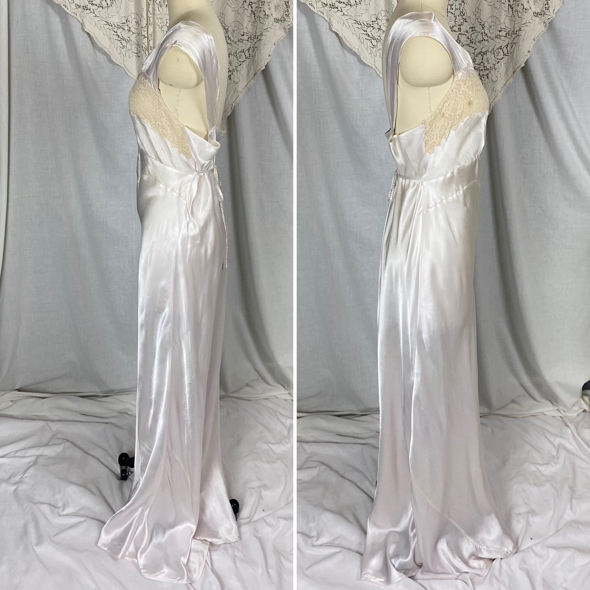 Vintage 1940's Nightgown | Semi-Sheer Palest Pink Rayon Satin with Nude Lace & Heart Appliques | Size M, LG - Never Worn