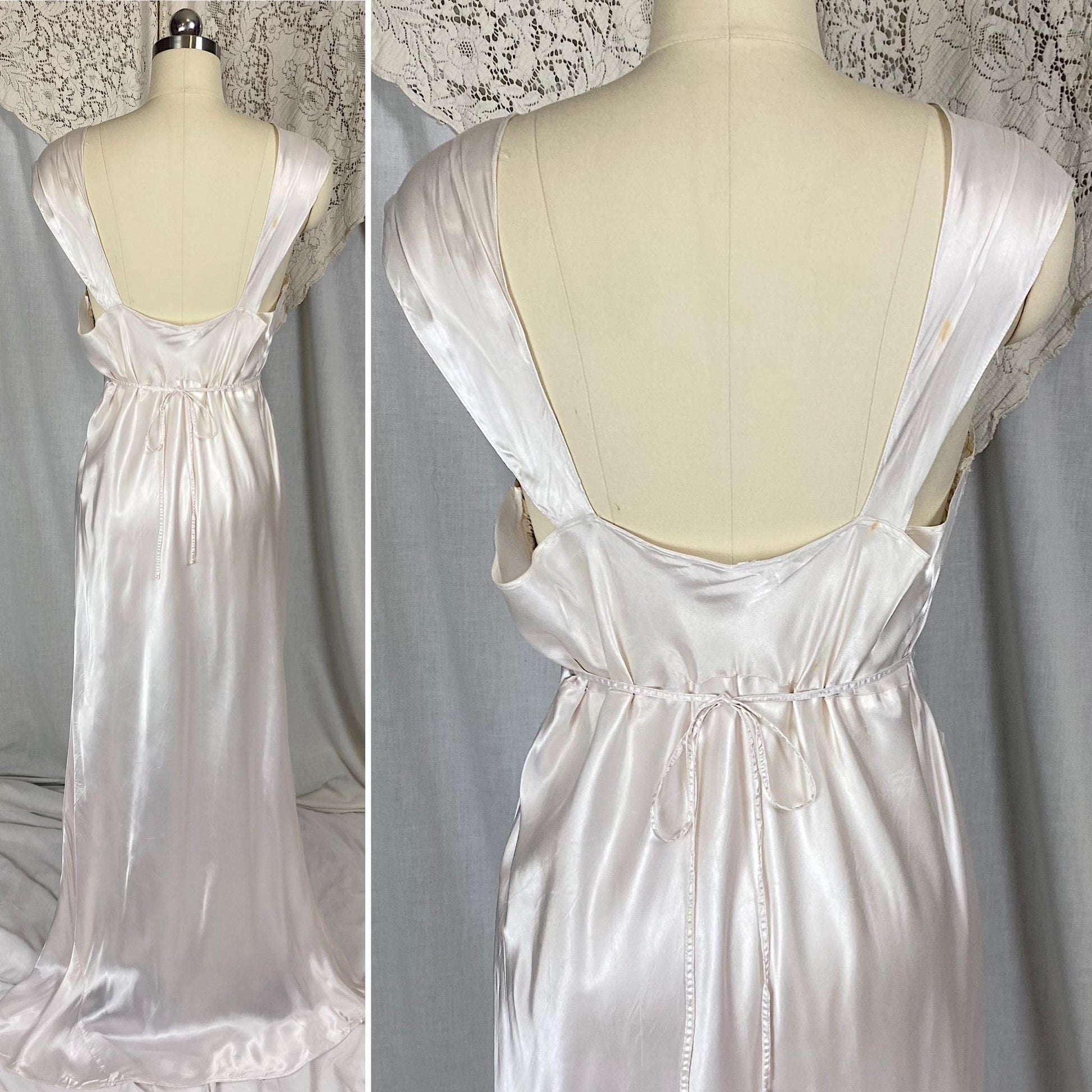 Vintage 1940's Nightgown | Semi-Sheer Palest Pink Rayon Satin with Nude Lace & Heart Appliques | Size M, LG - Never Worn