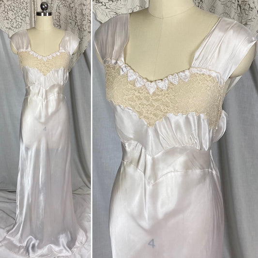 Vintage 1940's Nightgown | Semi-Sheer Palest Pink Rayon Satin with Nude Lace & Heart Appliques | Size M, LG - Never Worn