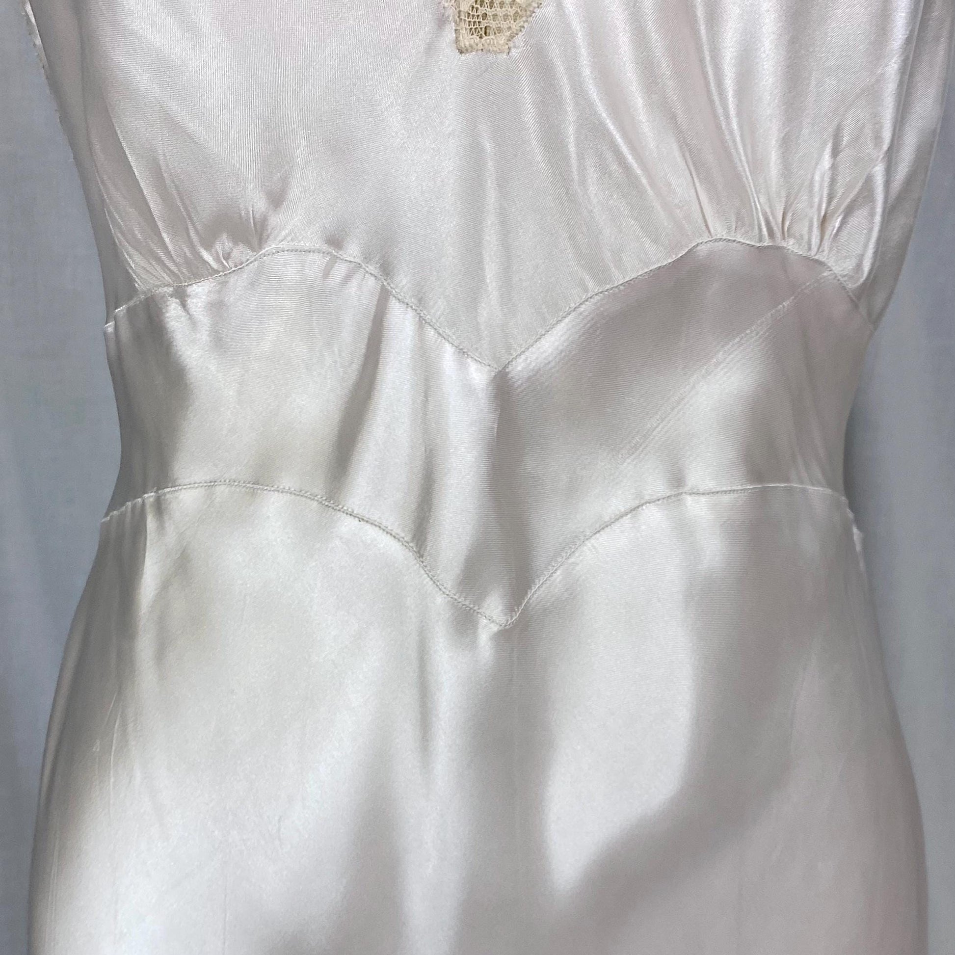 Vintage 1940's Nightgown | Semi-Sheer Palest Pink Rayon Satin with Nude Lace & Heart Appliques | Size M, LG - Never Worn