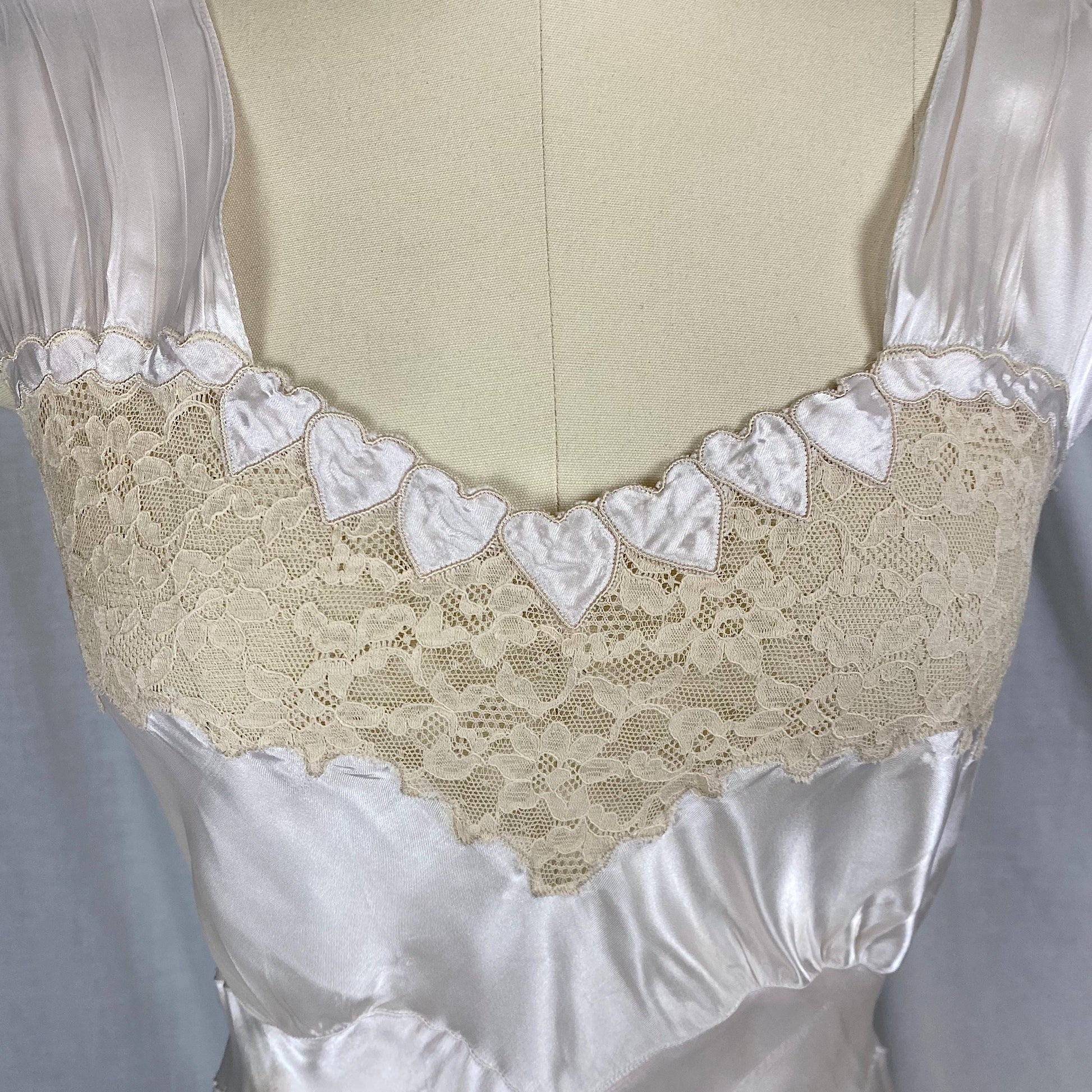 Vintage 1940's Nightgown | Semi-Sheer Palest Pink Rayon Satin with Nude Lace & Heart Appliques | Size M, LG - Never Worn