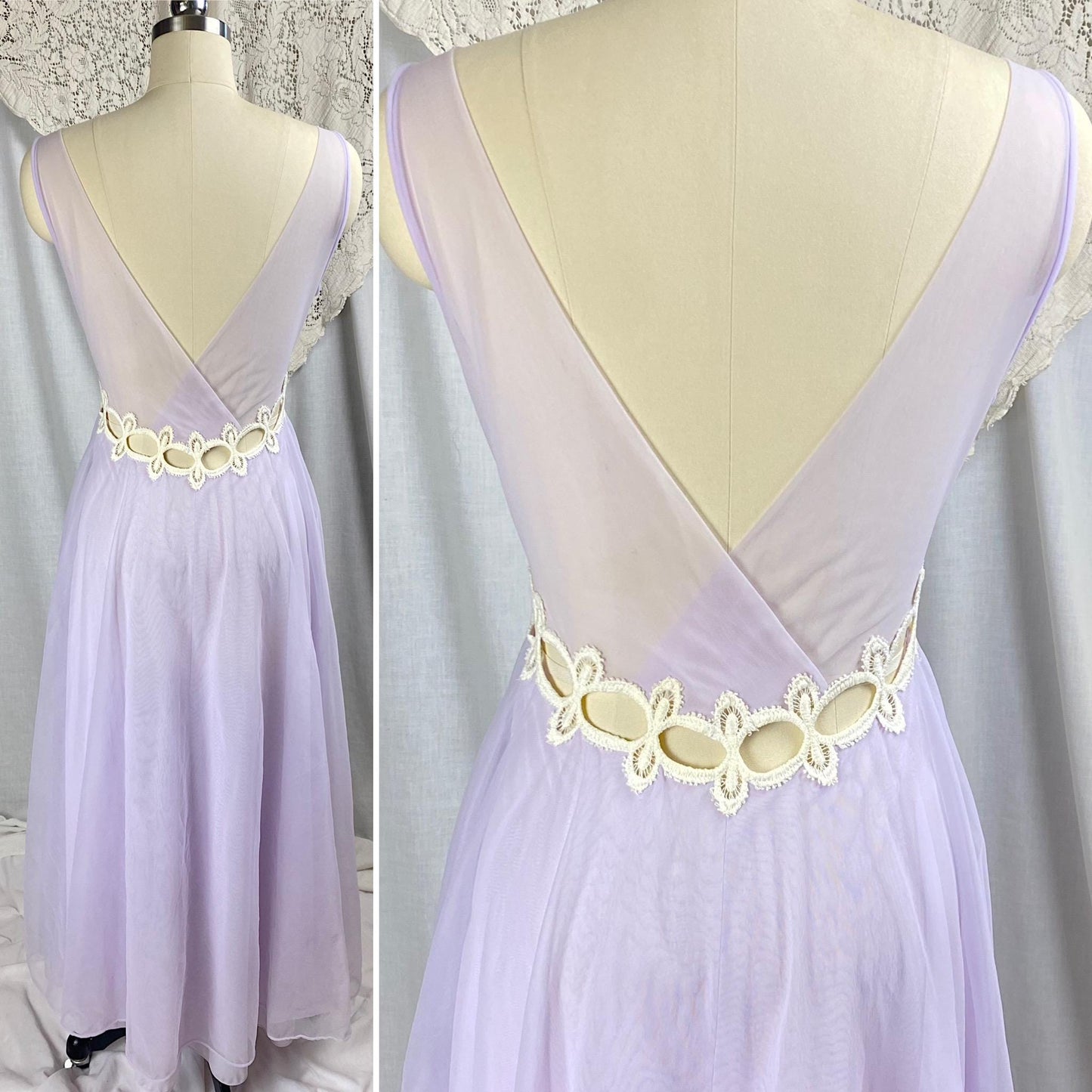 Vintage 1960's Nightgown & Peignoir Set | Sheer Lilac Purple Nylon Chiffon with Cream Crochet Lace Inserts | Size M | By Molyclair
