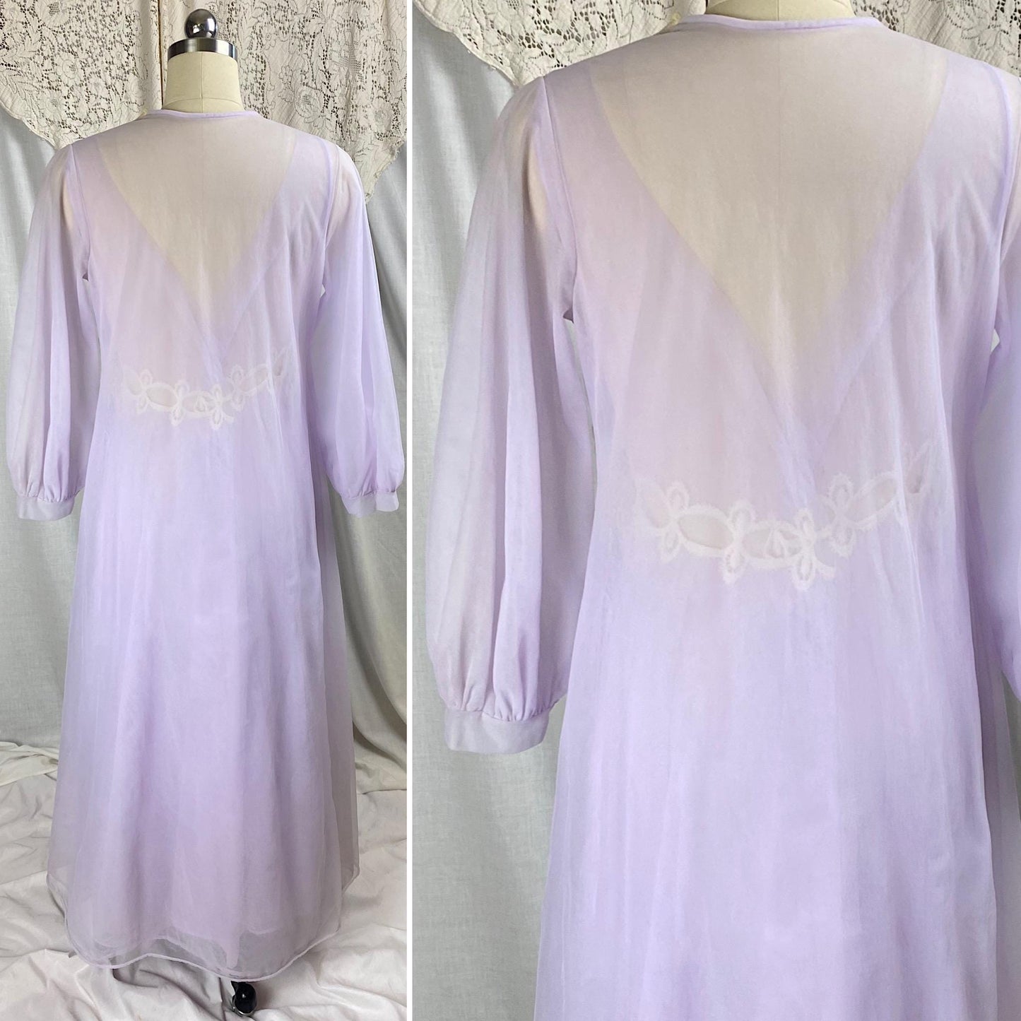 Vintage 1960's Nightgown & Peignoir Set | Sheer Lilac Purple Nylon Chiffon with Cream Crochet Lace Inserts | Size M | By Molyclair