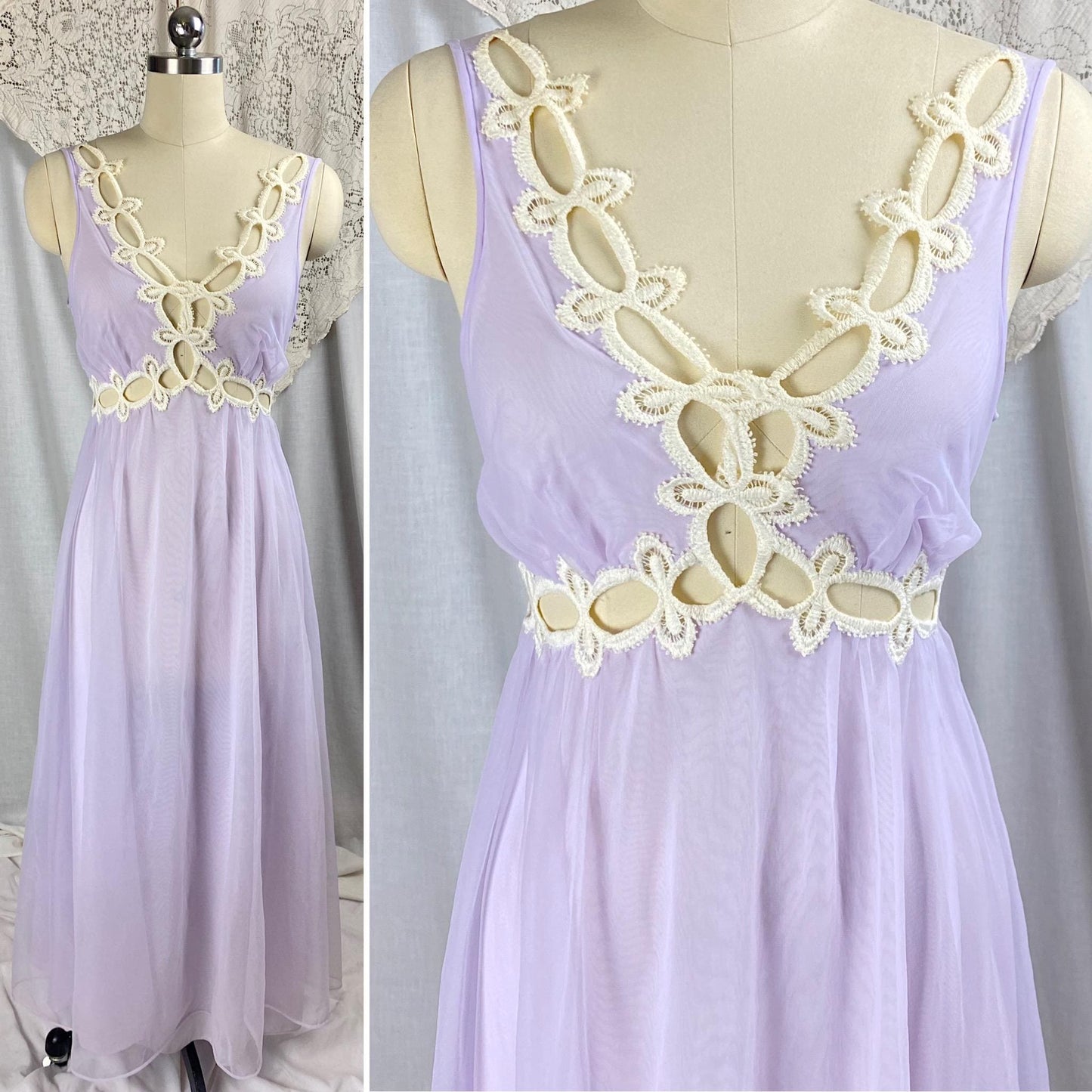 Vintage 1960's Nightgown & Peignoir Set | Sheer Lilac Purple Nylon Chiffon with Cream Crochet Lace Inserts | Size M | By Molyclair