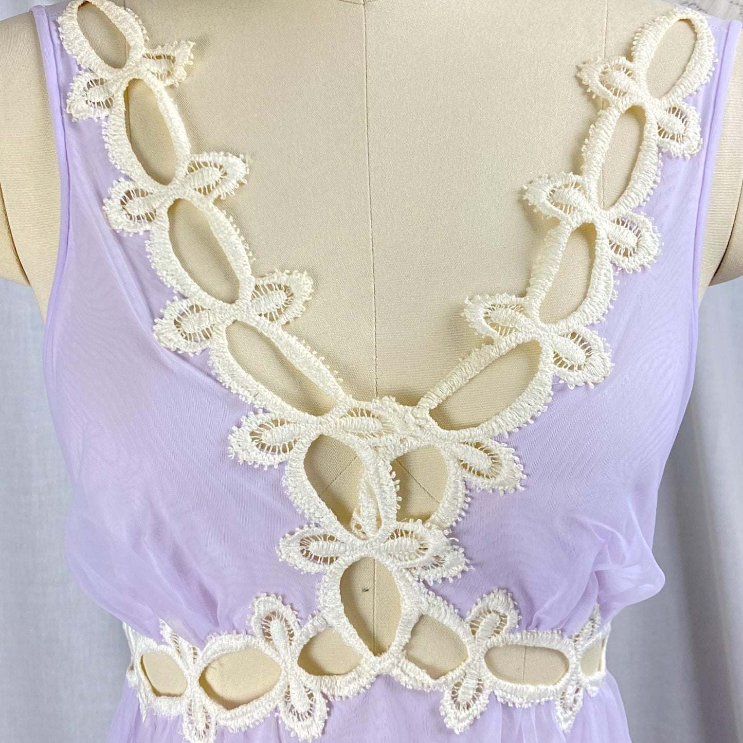 Vintage 1960's Nightgown & Peignoir Set | Sheer Lilac Purple Nylon Chiffon with Cream Crochet Lace Inserts | Size M | By Molyclair